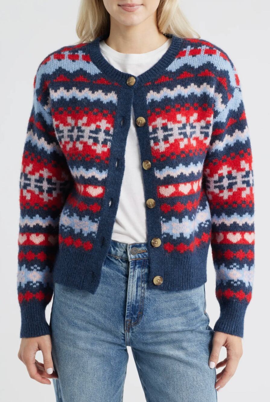 Lucky Brand Fair Isle Cardigan Sweater Womens L Blue Red White Knit Button Top